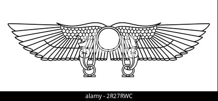 Flügelsonne von Theben. Sonnensymbol der Göttlichkeit, des Königshauses und der Macht im alten Ägypten, flankiert auf beiden Seiten von einem Uraeus, einer Aufzuchtkobra. Stockfoto