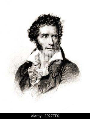 1813 , Florenz , ITALIEN : der berühmteste italienische Dichter Ugo FOSCOLO ( 1778 - 1827 ). 1844 von John Henry Robinson eingraviertes Porträt aus dem Originalkunstwerk von Francois-Xavier Fabre ( 1766 - 1837 ) , gemalt in Firenze , 1813 . - POETA - Scrittore - Writer - letterato - letteratura - Literatur - Poesie - Poesie - patriota - Patriot - esule - Essiato - Kragen - colletto - favoriti - Basette - riccioli - Locken - Ring - Anello - ROMANTICISMO - NEOCLASSICISMO - GESCHICHTE - FOTOSTORICHE -- - ARCHIVIO GBB Stockfoto