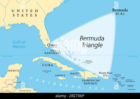 Bermuda-Dreieck, Devils-Dreieck, Karte. Region im Nordatlantik zwischen Bermuda, Miami und Puerto Rico, wo Flugzeuge und Schiffe verschwanden. Stockfoto