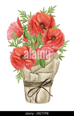 Mohnblumen-boquete-Illustration. Aquarell handgezeichnete Wildblütenzusammensetzung. Stockfoto