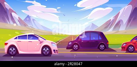 Autobahn mit Autos vor Berglandschaft. Vektor-Cartoon-Illustration von Autos, die auf Asphaltstraßen auf dem Grund von hohen Felsen, grünem Tal und Vögeln im blauen sonnigen Himmel fahren. Reisen Sie in den Sommerferien Stock Vektor