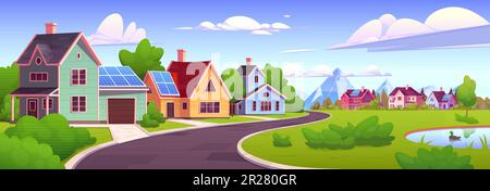Haus mit Solarpaneel für erneuerbare Energien auf dem Dach. Photovoltaik-Grünsystem für den Wohnungsbau im Dorfkariktoon-Vektorhintergrund. Moderne, nachhaltige Versorgung für autonome intelligente Elektrizität auf dem Dach. Stock Vektor