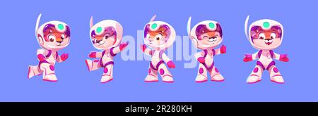 Tiger-Weltraum-Astronaut niedliche Baby-Cartoon-Vektorfigur. Lustiges Tier für Cosmos Explore. Fantastische kindische Katze im Raumanzug mit Helm aktiv Maskottchen laufen, winken und posieren glücklich Stock Vektor