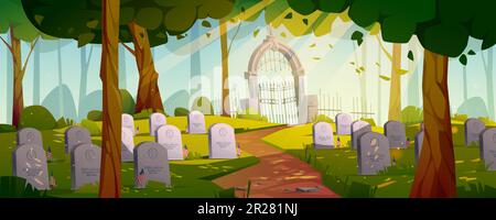 Sommertag auf dem Nationalfriedhof mit US-Flaggen in der Nähe von Gräbern. Vektor-Cartoon-Darstellung des Friedhofs zum Militärdenkmal mit Marmorgräbern auf grünem Rasen unter hohen Bäumen, Steintor und altem Zaun Stock Vektor