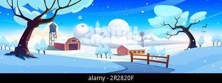 Winterlandschaft mit Scheunenhaus-Vektorszene. Bauernhof auf einem schneebedeckten Hügel in der Nähe des Turms. Landschaftswaldtal im dezember mit Panoramablick. Naturlandschaft in der kalten Jahreszeit mit leerer Straße Stock Vektor