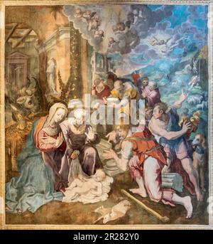NEAPEL, ITALIEN - 23. APRIL 2023: Das Fresko der Geburt - Adoration of Shepherds in the Church Chiesa di San Giovanni a Carbonara Stockfoto