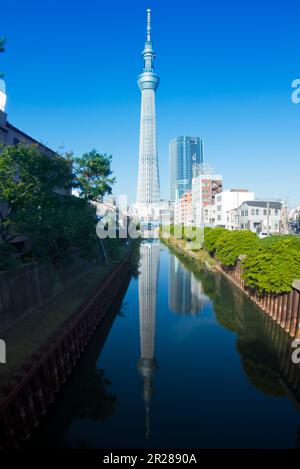 Doppelspiegelung des Tokyo Sky Tree auf der Wasseroberfläche Stockfoto