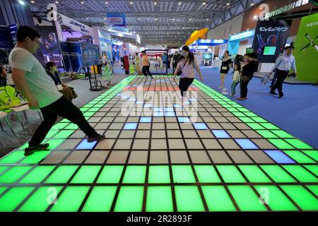 QINGDAO, CHINA - 17. MAI 2023 - Besucher spielen das interaktive Spiel „Jumping Grid“ auf der China International Consumer Electronics Expo 2023 in Qingdao Stockfoto