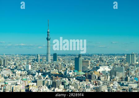 Ryogoku Kokugikan und Tokyo Sky Tree Area aus der Vogelperspektive Stockfoto