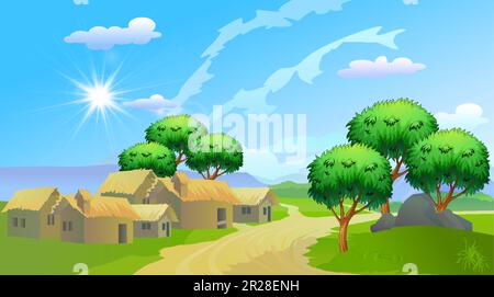 Vector Village Cartoon Hintergrund Illustration mit altem Cottage, naja, Bäume, schmale Straße, Berge. Stock Vektor