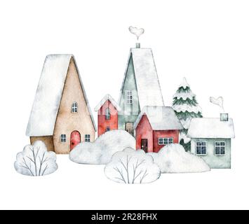 Winter-Illustration schneebedeckte Straße mit hübschen Häusern, Fenstern, Kamin, Schnee auf dem Dach und Fichte, Sträucher im Schnee, Schneeverwehungen Stockfoto