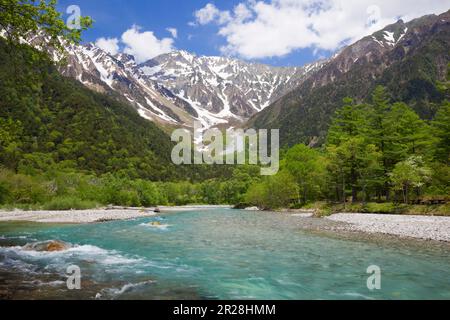 Frisches Grün des Kamikochi-Azusa-Flusses und der Hodaka-Gebirgskette Stockfoto