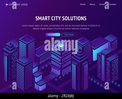 Smart City-Lösungen isometrische Landing-Page, futuristische Metropole mit neonleuchtenden Wolkenkratzern, futuristische smartcity-Gebäude, Straßen auf violettem Hintergrund. 3D-Vektordarstellung, Webbanner Stock Vektor