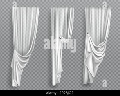 Weiße Fenstervorhänge, gefaltetes Tuch für Innendekoration isoliert auf transparentem Hintergrund. Weiches, leichtes, klares Material, Stoffvorhänge in verschiedenen Formen. Realistische 3D-Vektordarstellung Stock Vektor