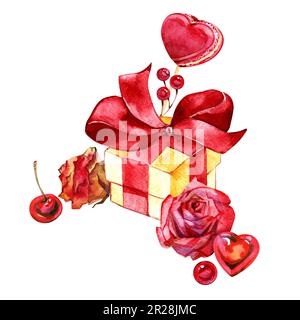 Aquarell Valentinstag mit hübschem Blumendesign und süßer Umrandung. Boho romantische beige- und rosafarbene Rosen, Herzen, Schleifen, Makronen, süßes Design. Liebessymbole Stockfoto