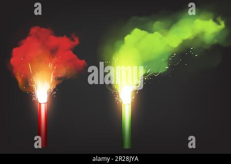 Verbrennt rote und grüne Leuchtfeuer, Signalleuchte für Notfälle auf der Straße oder auf See. Vektorrealistische, leuchtende Taschenlampe mit Funken und Farbrauch auf schwarzem Hintergrund isoliert. Zündpyrotechnik im Fußballstadion Stock Vektor