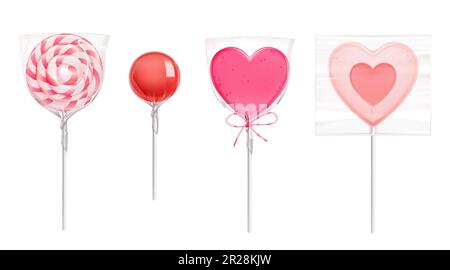 Lollipop in Herzform, Spirale und runde Süßigkeiten in transparenter Kunststoffpackung isoliert auf weißem Hintergrund. Vector realistisches, rosa Karamell auf dem Stock zum Valentinstag. Verpackte Süßigkeiten in durchsichtiger Verpackung Stock Vektor