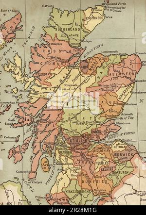 Alte politische Karte von Schottland in Sepia. Stockfoto