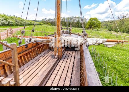 The Hereford Bull, eine Nachbildung der River Wye Trow, erbaut von T Nielson & Co in Gloucester Docks, ausgestellt im Lower Brockhampton Manor House in der Nähe von Bromyard, He Stockfoto