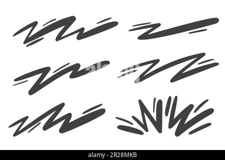 Doodle Lines. Squiggle Swoosh Comic Hand ertränkt Kurvenspuren. Geschwindigkeitswellenförmige Skizze und blinkender Pfeil. Darstellung der Vektortinte isoliert auf weißem Hintergrund Stock Vektor
