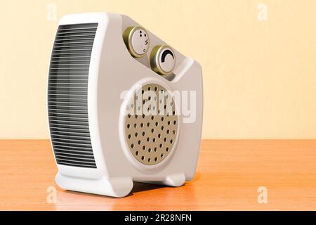 Heizlüfter auf dem Holztisch, 3D-Rendering Stockfoto