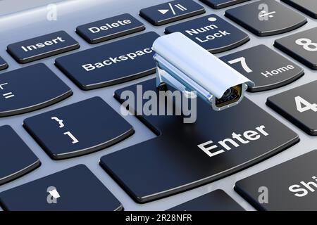 Überwachungskamera auf Laptop-Tastatur. 3D-Rendering Stockfoto