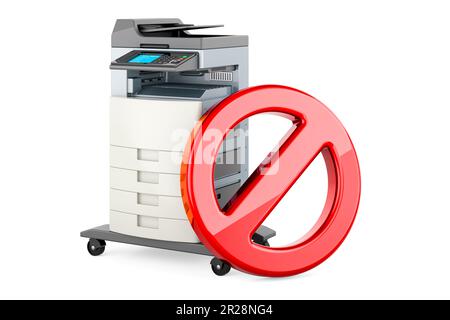 Multifunktionsdrucker für Büros MFP mit Verbotssymbol. 3D-Rendering auf weißem Hintergrund isoliert Stockfoto