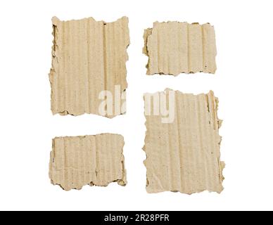 Leere braune Pappstücke auf isoliertem weißem Hintergrund mit Kopierbereich Stockfoto