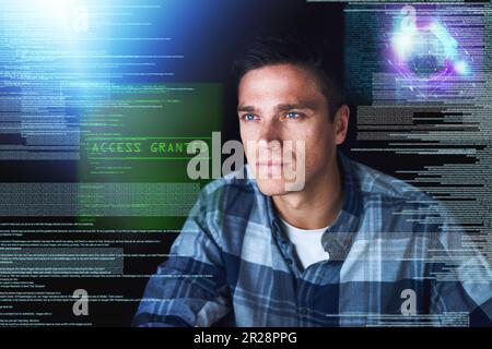 Hacker, Hologramm und Mann mit Fokus, Datenbank und digitaler Software mit Cyber-Sicherheit, Codierung und Forschung. Männliche Person, Programmierer oder Programmierer mit Stockfoto