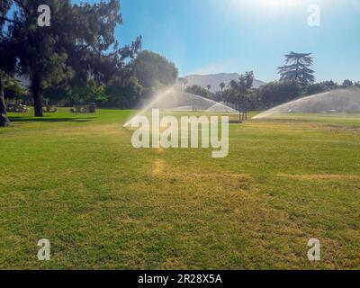 Automatische Bewässerung des Rasens im öffentlichen Park an einem sonnigen Tag. Stockfoto