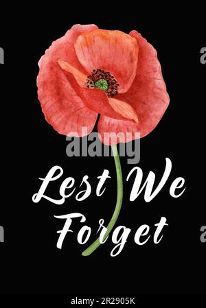 Designvorlage für Anzac Day-Karte. Erinnerung, Gedenken, Vetersns Day. Handgezeichnete Aquarelldarstellung Stockfoto