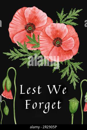 Designvorlage für Anzac Day-Karte. Erinnerung, Gedenken, Vetersns Day. Handgezeichnete Aquarelldarstellung Stockfoto