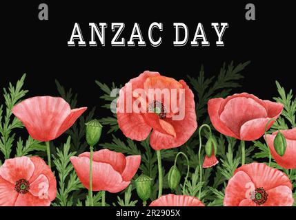 Designvorlage für Anzac Day-Karte. Erinnerung, Gedenken, Vetersns Day. Handgezeichnete Aquarelldarstellung Stockfoto