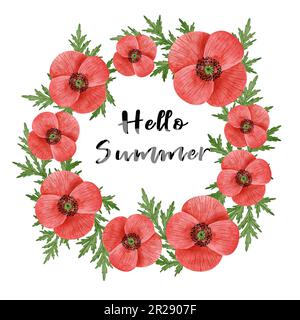 Hallo Sommer Aquarell Karte. Handgezeichneter, wässriger Mohnblumenkranz. Stockfoto
