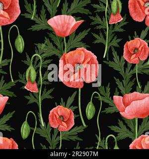 Nahtloses Muster mit Mohnblume. Aquarell handgezeichnete Mohnblumen Tapete, Stoffdesign, rustikaler botanischer Hintergrund Stockfoto
