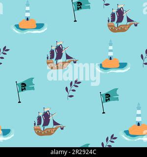 Piraten Sea Flat Vector Nahtloses Muster. Segelkulisse. Anker, Karte, Kompass, Fernglas, Flasche mit Rum und Lenkrad auf weißem Hintergrund. Bla Stock Vektor