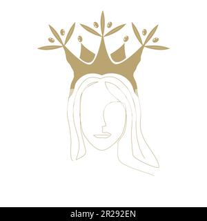 Frauengesicht mit Olivenkronen-Symbol. Hochwertiges Olivenöl-Logo in goldener Farbe. Vektor-isolierte Darstellung Stock Vektor