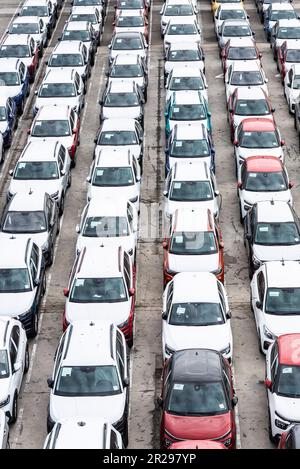 Am Ladedock von Barcelona, Katalonien, Spanien, warten in Reihe geparkte Neuwagen auf den Versand. Stockfoto