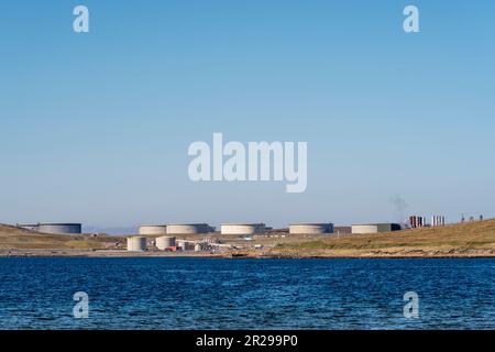 Sullom Voe Oil Terminal auf Shetland Festland. Stockfoto