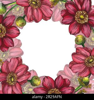Rahmen für Kompositionen rosafarbener Anemonblüten. Aquarelldarstellung auf weißem Hintergrund hervorgehoben. Geeignet für Postkarten, Einladungen Stockfoto