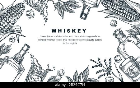 Banner, Poster oder Flyer für Whiskey-Verkostung. Vektorskizze Rahmendarstellung von Whisky- oder Brandyflasche, Gläsern, Mais. Weingut, Alkoholladen, außer mir Stock Vektor