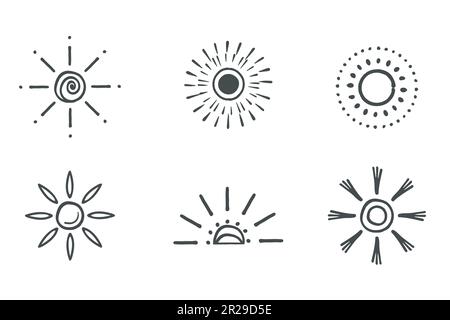 Sonnensymbol-Piktogramm, handgezeichnetes Ikonenset, Doodle schwarze Tintenstriche, kindischer Cartoon, dekorative isolierte Elemente. Schwarzweißer Vektor Stock Vektor