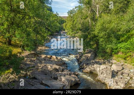 Der Fluss oder Afon Elan, der das Elan Valley in Powys Mid Wales hinunterfließt, wobei der Staudamm das Wasser zurückhält, damit es nicht überläuft und torren verursacht Stockfoto