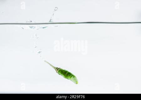 Grüne Chili, Wasserspritzer, auf weißem Hintergrund gelötet Stockfoto