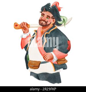 Cartoon-Piratenfigur mit einem Lächeln. Aquarell witziger süßer Seemann mit Hut und Federn und mit Säbel in der Hand. Isoliertes Clipart-Element Stockfoto