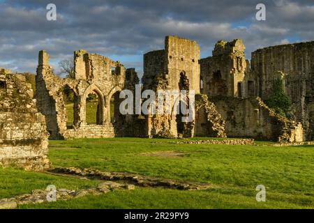 Malerisches, wunderschönes historisches mittelalterliches Wahrzeichen, Easby Abbey (Überreste der Ostküste aus dem 13. Jahrhundert, Steinmauern, Kloster, dramatischer Himmel) - England UK. Stockfoto