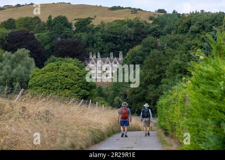 Blick aus einem hohen Winkel über den öffentlichen Fußweg Cotswolds Way in der Nähe von Winchcombe, Großbritannien, mit zwei Wanderer, die zwischen Gräsern und Bäumen bergab fahren Stockfoto