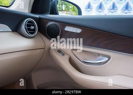 Autotür von innen. Fahrzeuginnenraum Stockfoto