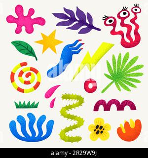 Cute cartoon abstract icons with monster or UFO theme. Set of different graphic elements with stippled texture. Hand drawn illustration in bold modern Stock Vektor