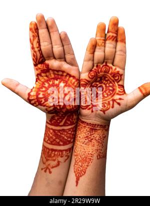 Frauenhand mit traditionellem Mehendi-Henna-Ornament. Mehndi-Tätowierung mit Henna auf weiblicher Hand, isoliert auf weißem Hintergrund, mit Schnittpfad und C. Stockfoto